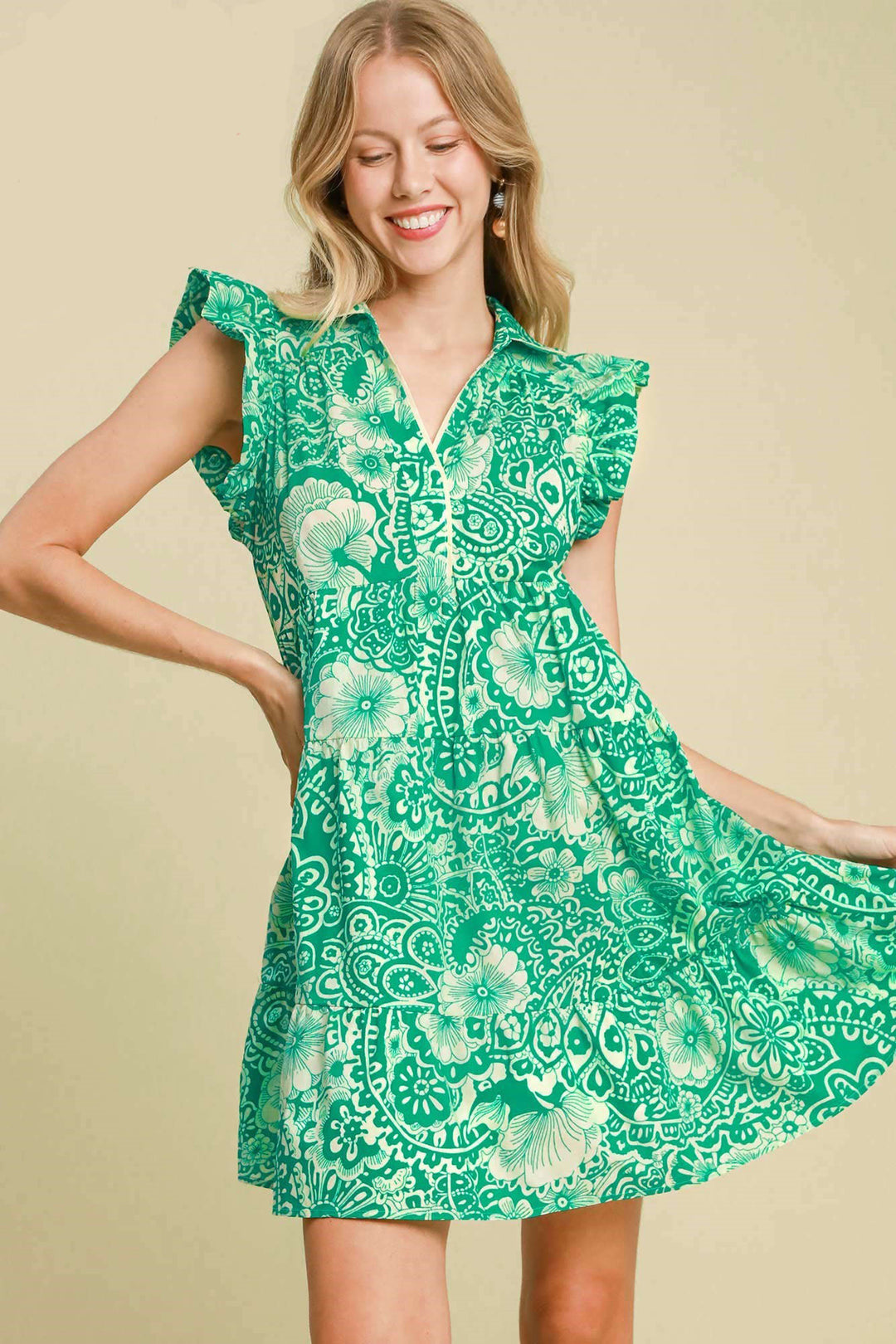 Umgee Full Size Printed Ruffle Cap Sleeve Babydoll Dress Plus Size Green Babydoll Dresses