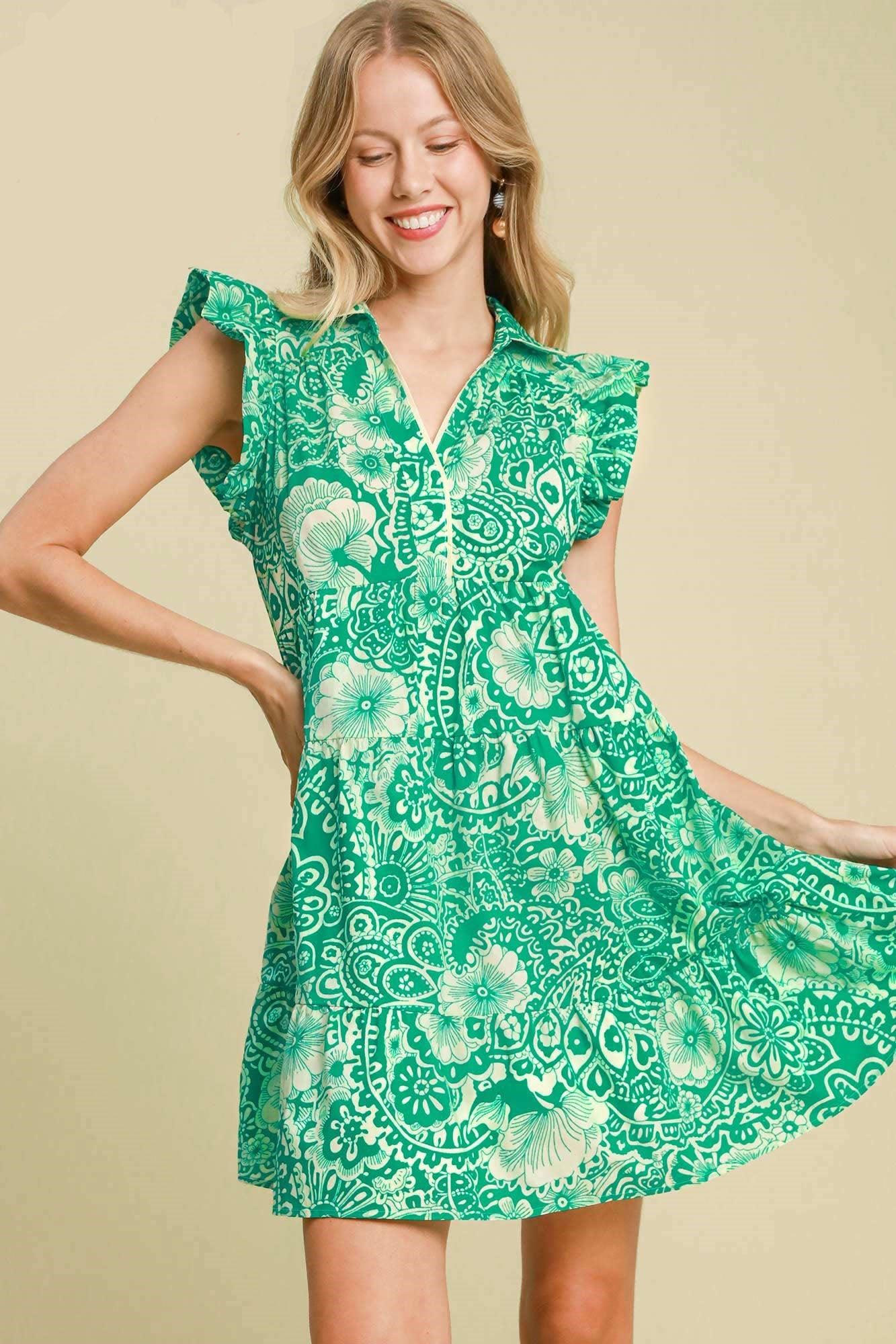 Umgee Full Size Printed Ruffle Cap Sleeve Babydoll Dress Plus Size Green L Babydoll Dresses