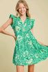 Umgee Full Size Printed Ruffle Cap Sleeve Babydoll Dress Plus Size Green L Babydoll Dresses
