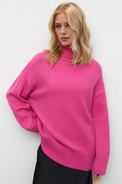 Hot Pink One Size Basic Bae Turtleneck Dropped Shoulder Long Sleeve Sweater | Sweaters Daverri Fashions