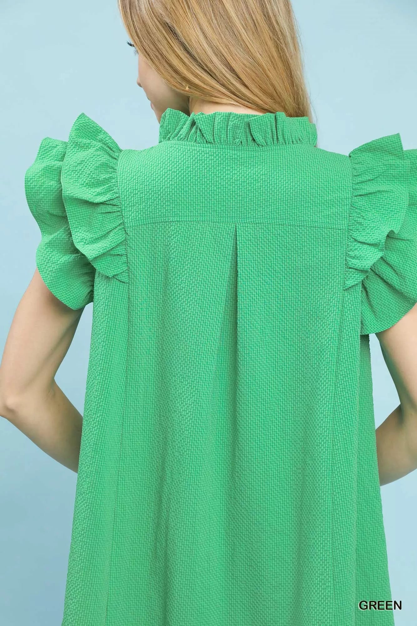 Vibrant green Umgee Seersucker Ruffle Shift Dress with textured fabric