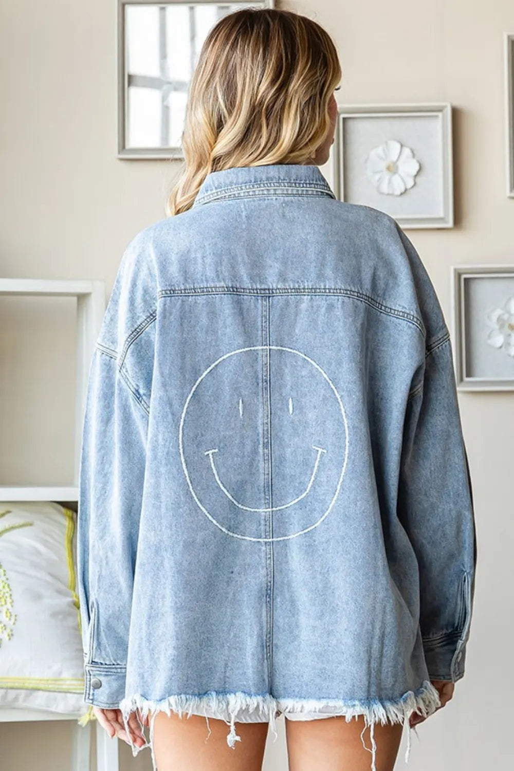 First Love Smile Face Button Down Raw Hem Denim Jacket | Denim Jackets Daverri Fashions