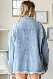 First Love Smile Face Button Down Raw Hem Denim Jacket | Denim Jackets Daverri Fashions