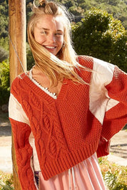 Orange POL Cable Knit Quilting Patch V-Neck Contrast Sweater Orange | Sweaters Daverri Fashions