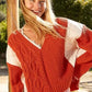 POL Cable Knit Quilting Patch V-Neck Contrast Sweater Orange - DAVERRI FASHIONS