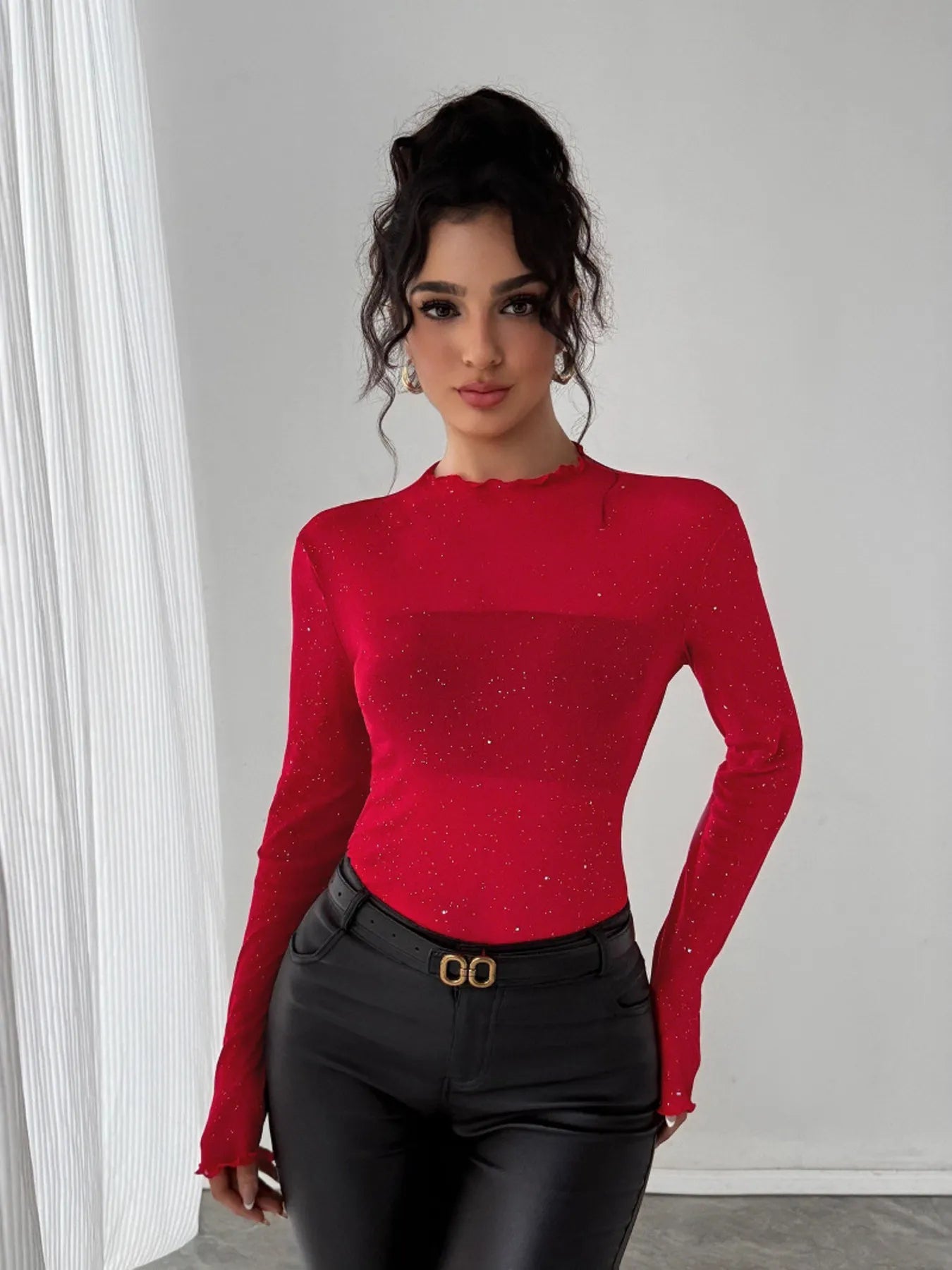 Glitter Long Sleeve Fitted Top | Tops Daverri Fashions