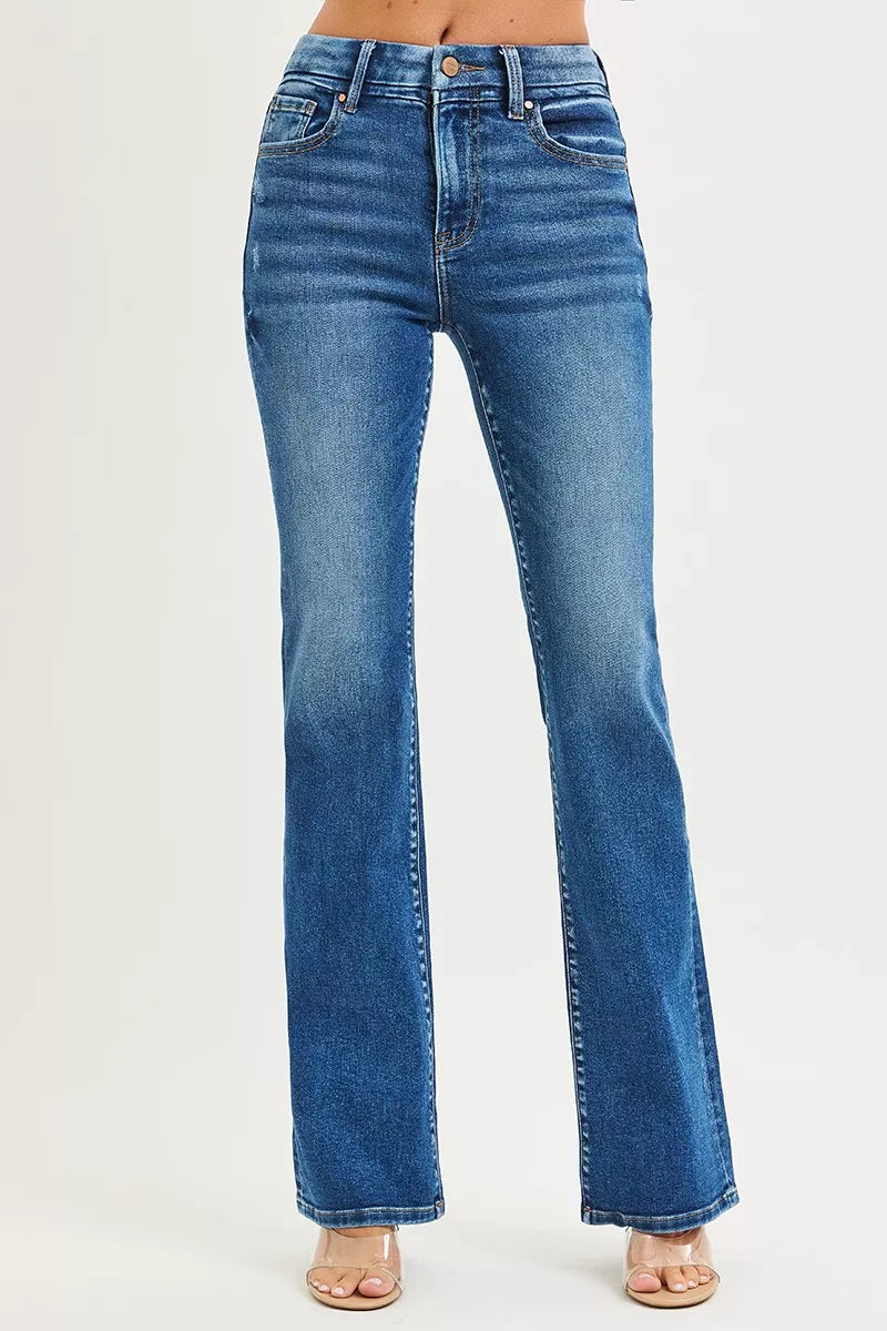 Risen high-rise bootcut jeans in blue denim with distressed fading