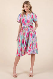 Lime 'N' Chili Watercolor Print Tie Front Midi Dress | Daverri Fashions