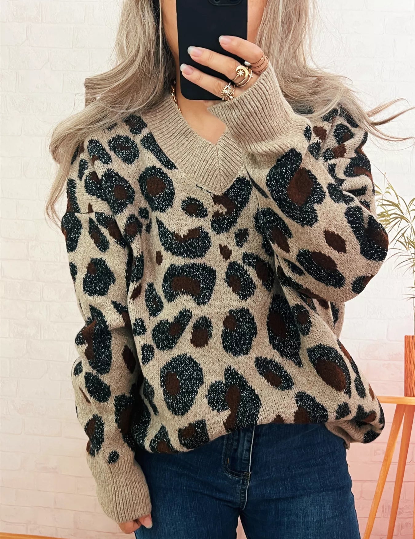 Leopard V-Neck Drop Shoulder Sweater | Sweaters Daverri Fashions