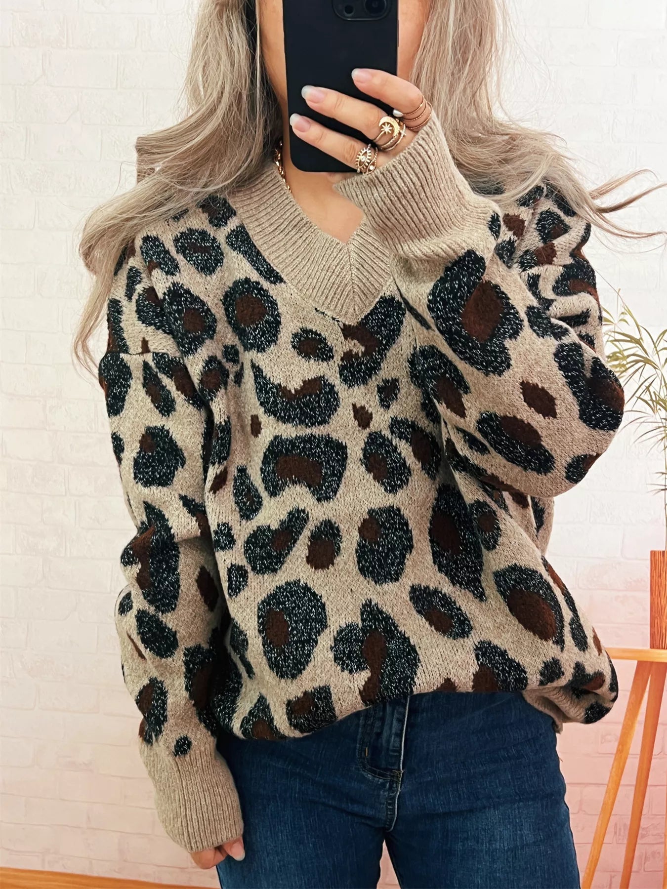 Leopard V-Neck Drop Shoulder Sweater | Sweaters Daverri Fashions