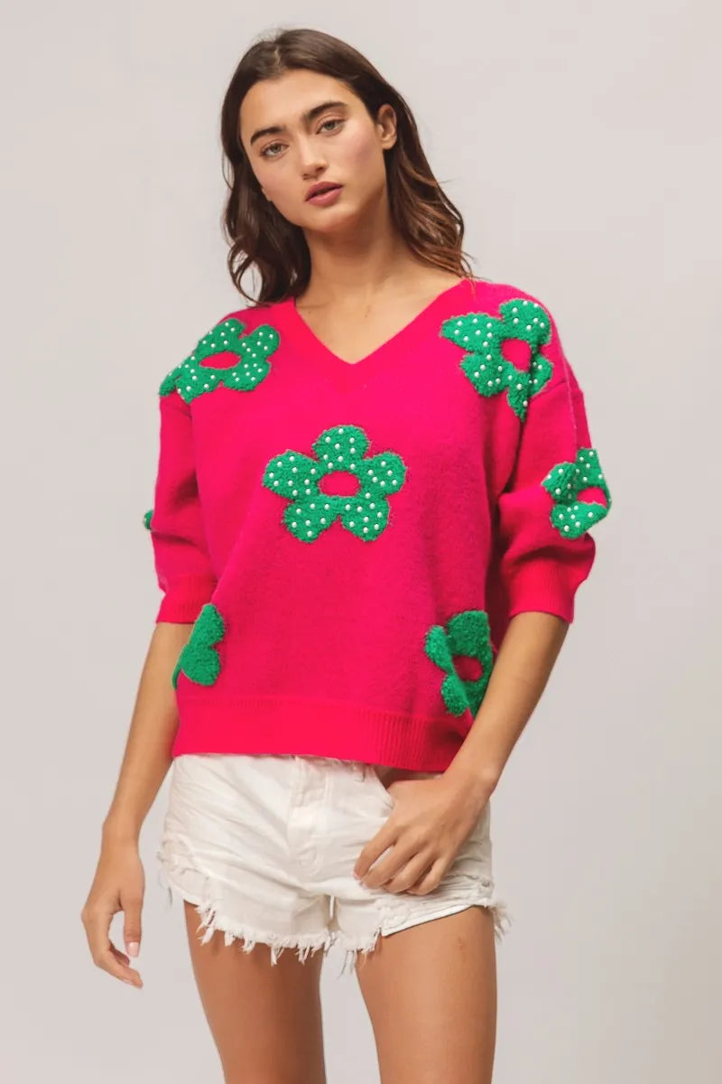 BiBi Pearl Beads Flowers Sweater Top Sweaters