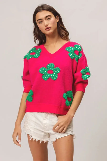 BiBi Pearl Beads Flowers Sweater Top - DAVERRI FASHIONS