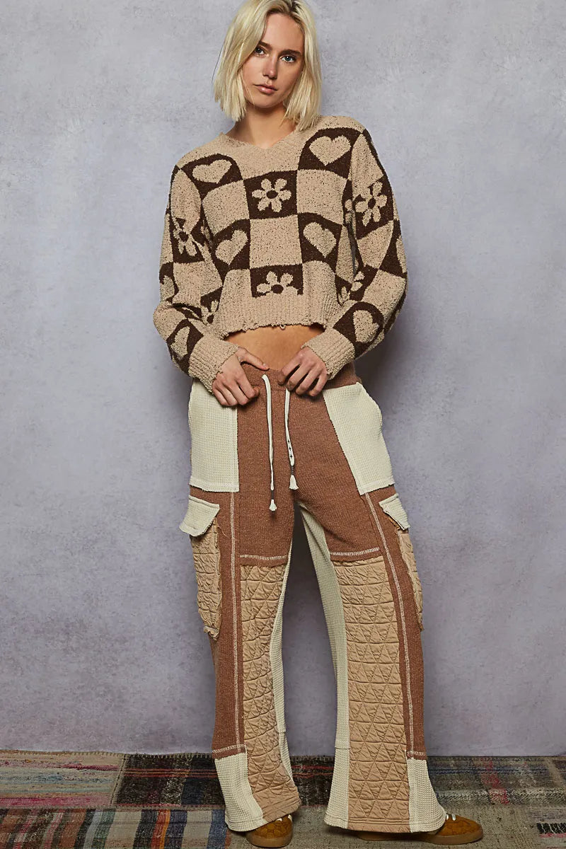 POL V-Neck Heart Pattern Checkered Sweater | Sweaters Daverri Fashions