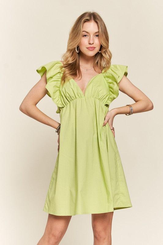ADORA Smocked Back Ruffled Cap Sleeve Babydoll Dress LIME Babydoll Dresses