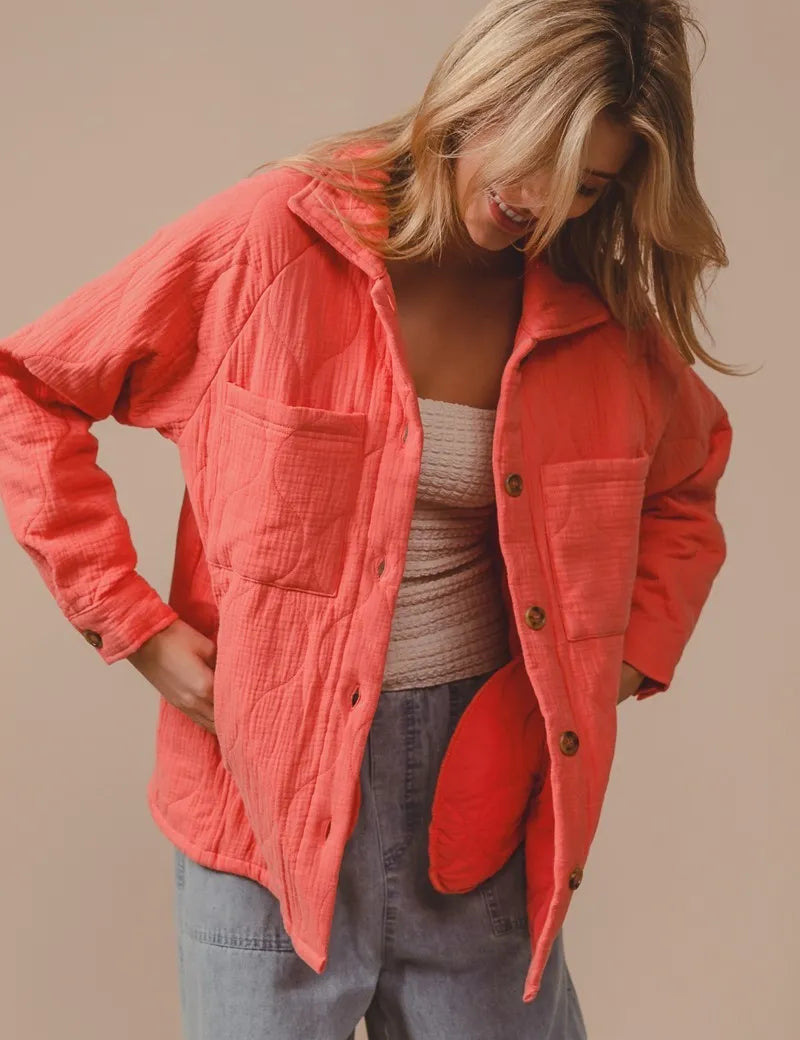 CORAL BiBi Quilted Wrinkle Gauze Long Sleeve Shacket | Shackets Daverri Fashions