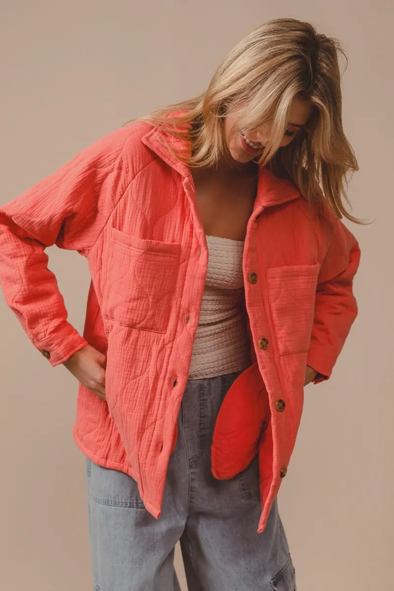 BiBi Quilted Wrinkle Gauze Long Sleeve Shacket CORAL Shackets