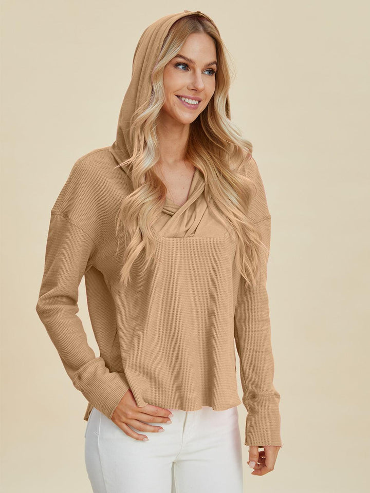 High-Low Dropped Shoulder Long Sleeve Hoodie Shirts & Tops