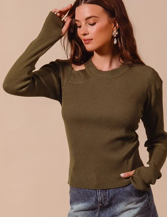 SO ME Rib Knit Top with Shoulder Cut Out | Tops Daverri Fashions