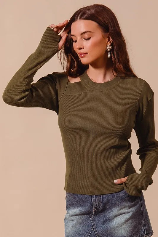 SO ME Rib Knit Top with Shoulder Cut Out Tops