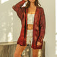 Shimmering red and gold BiBi metallic knit V-neck cardigan with ribbed texture