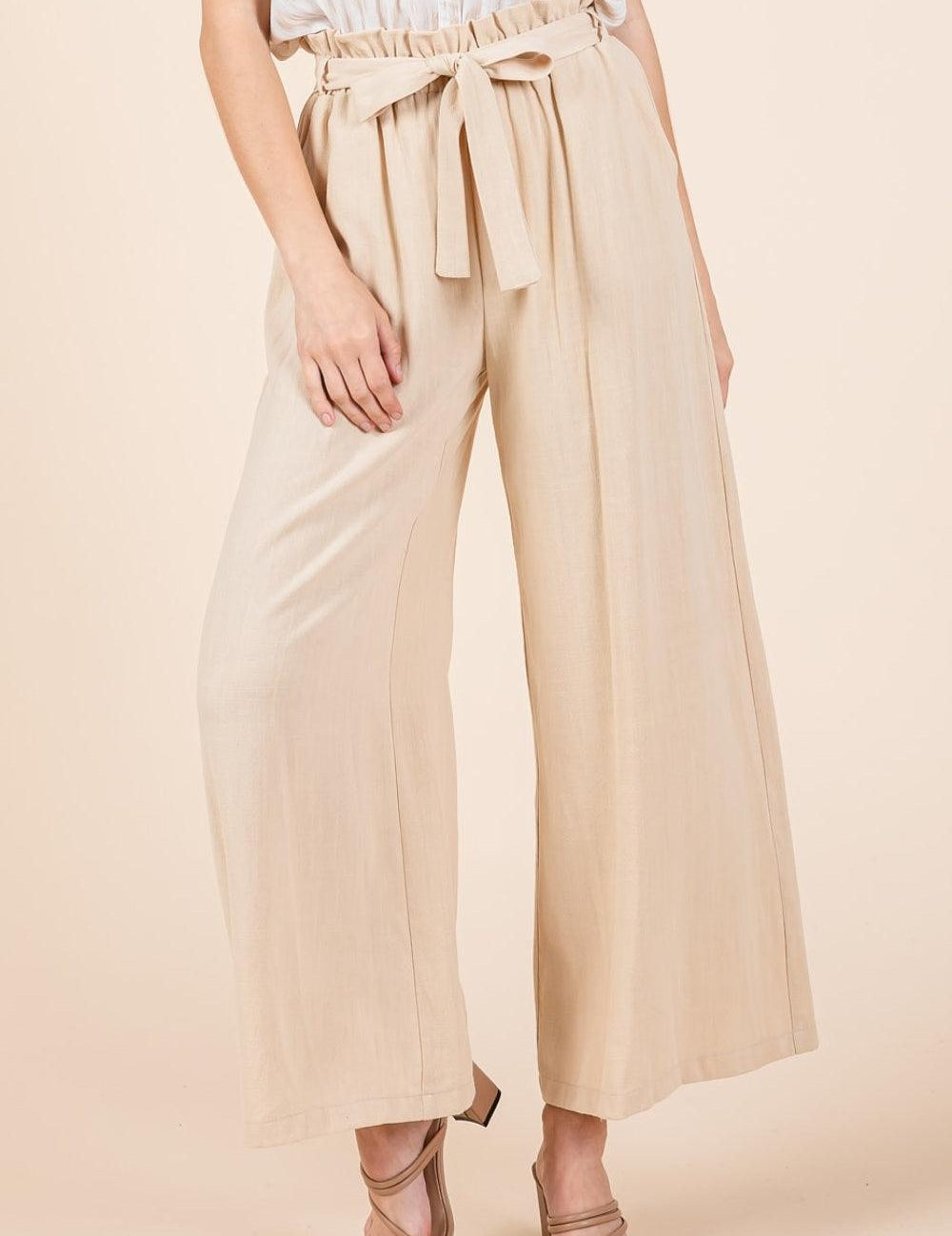 Mittoshop High Waist Tie Front Wide Leg Pants Natural S Pants