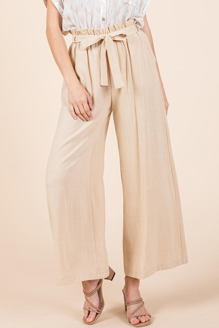 Mittoshop High Waist Tie Front Wide Leg Pants Natural S Pants