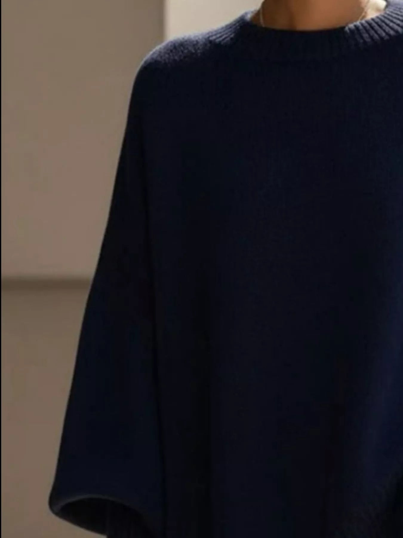 Women’s oversized navy blue batwing sleeve ribbed crew neck knit sweater