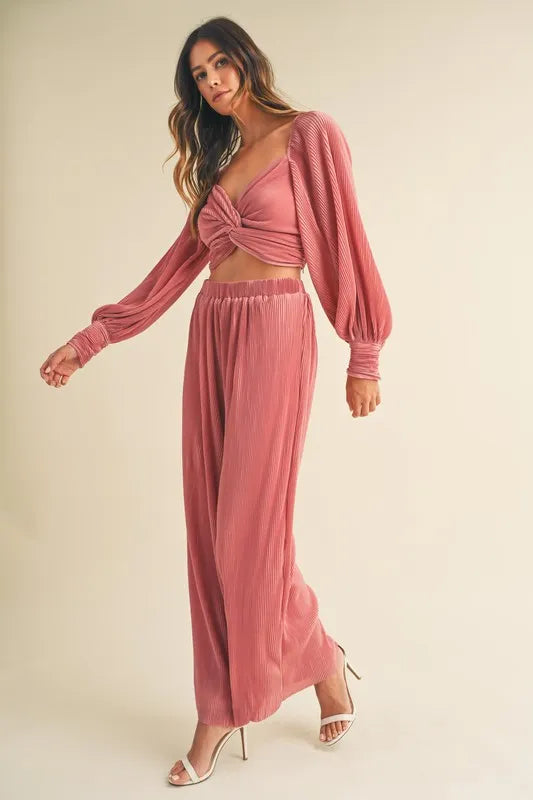 MABLE Front Twisted Long Sleeve Top and Pants Set Outfit Sets