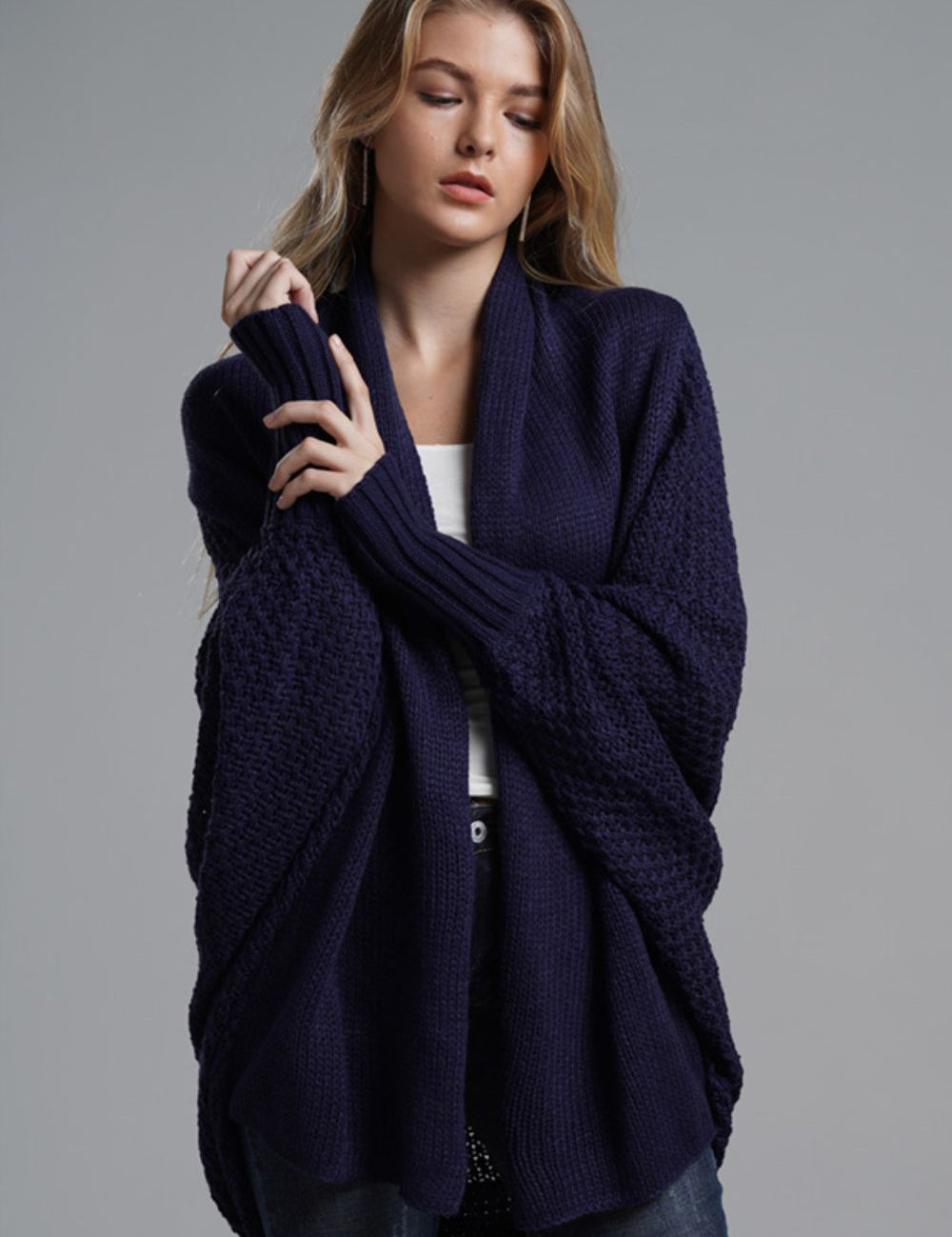 Dolman Sleeve Open Front Ribbed Trim Longline Cardigan | Cardigans Daverri Fashions