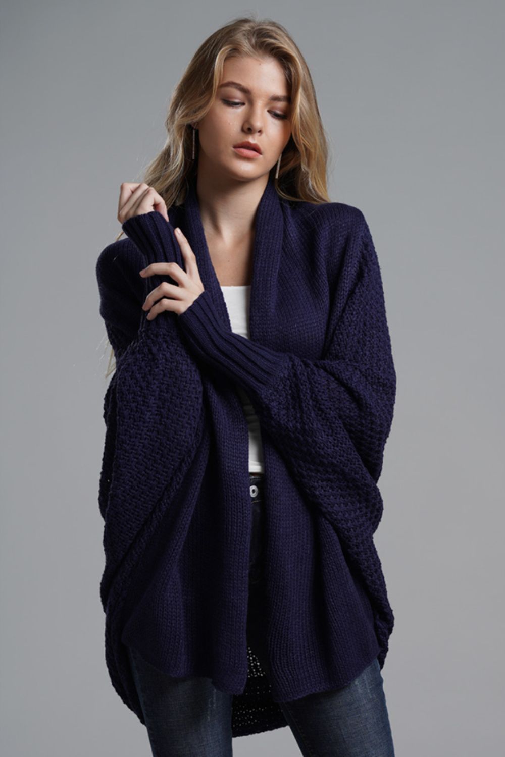 Dolman Sleeve Open Front Ribbed Trim Longline Cardigan | Cardigans Daverri Fashions