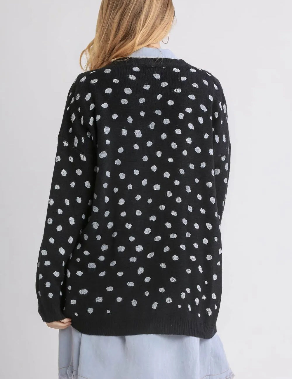 Umgee Polka Dot Open Front Drop Shoulder Cardigan | Daverri Fashions