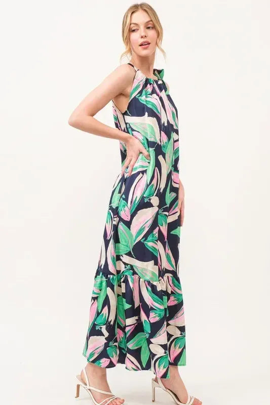 And The Why Botanical Printed Halterneck Tiered Maxi Dress - DAVERRI FASHIONS