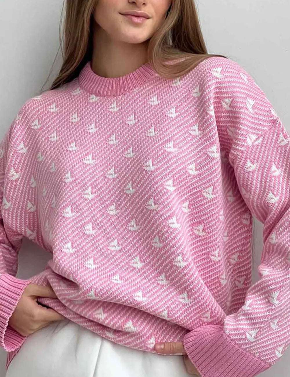 Blush Pink Contrast Round Neck Long Sleeve Sweater | Sweaters Daverri Fashions