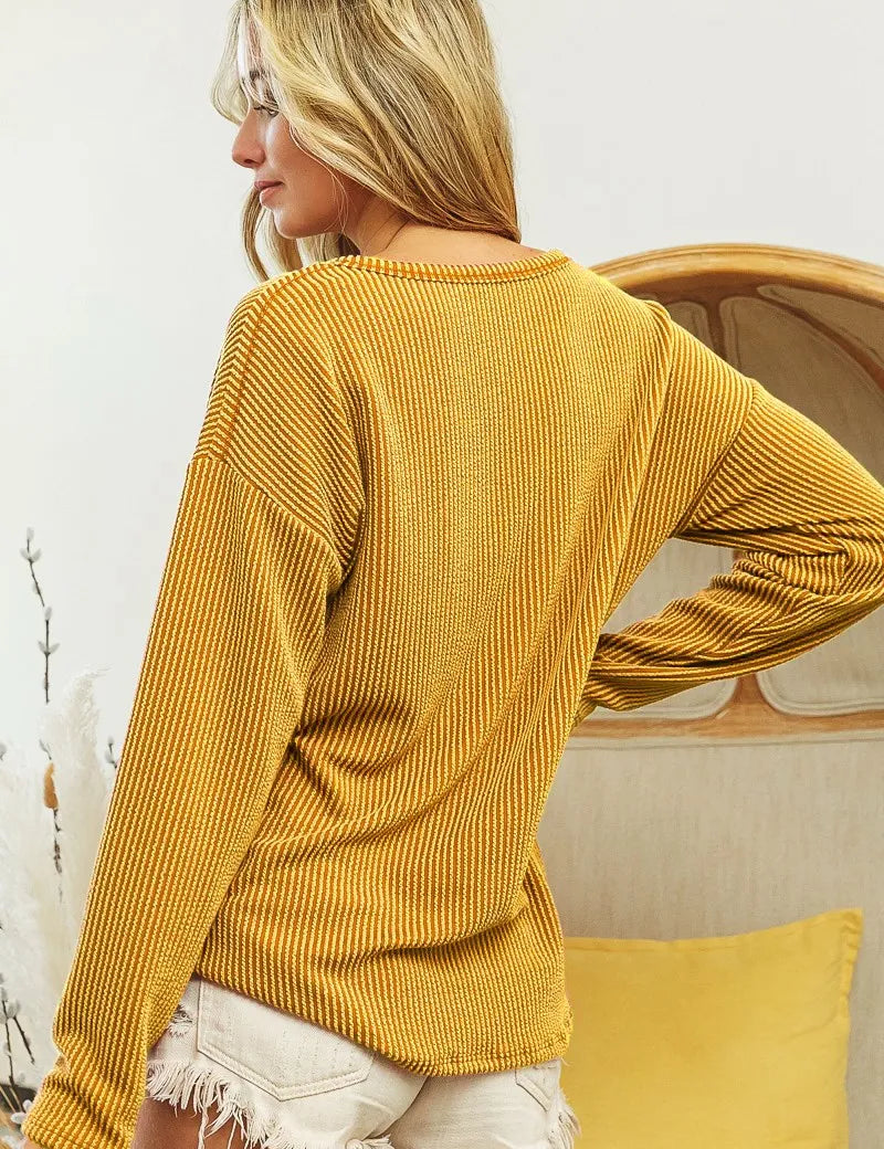 BiBi Wavy Two Tone Rib Notch Neck Patch Pocket Top | Knit Tops Daverri Fashions