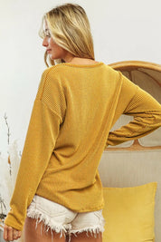 BiBi Wavy Two Tone Rib Notch Neck Patch Pocket Top | Knit Tops Daverri Fashions