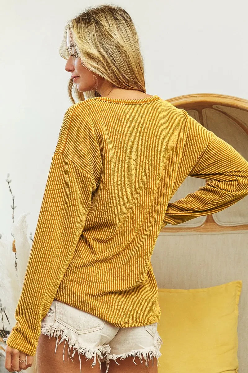 BiBi Wavy Two Tone Rib Notch Neck Patch Pocket Top | Knit Tops Daverri Fashions