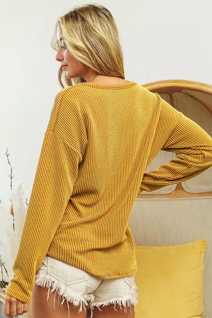 BiBi Wavy Two Tone Rib Notch Neck Patch Pocket Top | Knit Tops Daverri Fashions