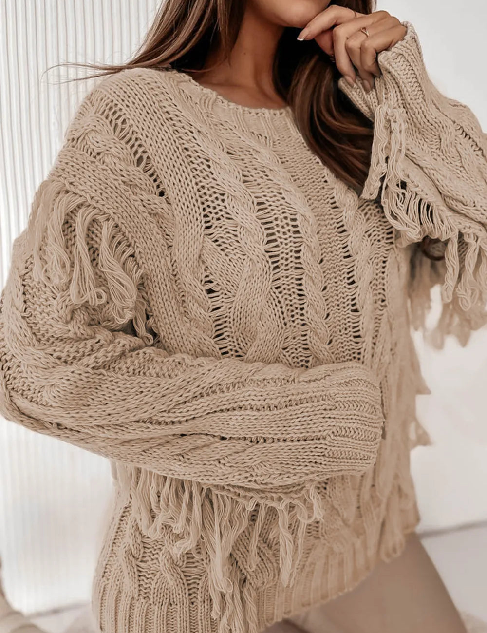 Khaki Cable Knit Fringe Round Neck Long Sleeve Sweater | Daverri Fashions