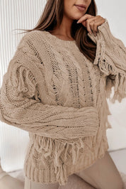 Khaki Cable Knit Fringe Round Neck Long Sleeve Sweater | Daverri Fashions