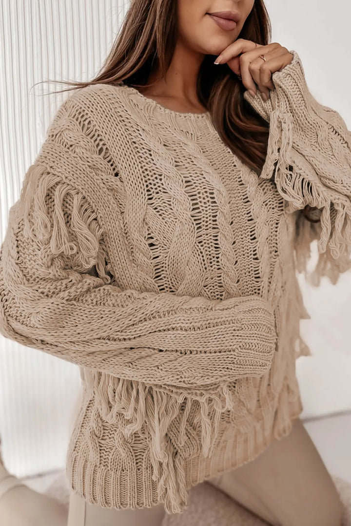 Khaki Cable Knit Fringe Round Neck Long Sleeve Sweater | Daverri Fashions