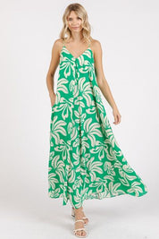 Mittoshop Printed V-Neck Maxi Cami Dress with Pockets Kelly Green