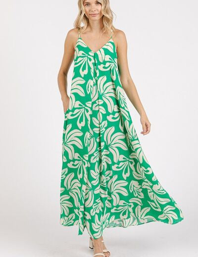 Mittoshop Printed V-Neck Maxi Cami Dress with Pockets Kelly Green