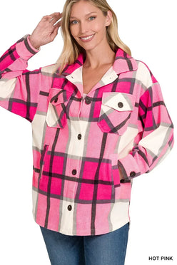 Zenana Oversized Plaid Fleece Shacket - DAVERRI FASHIONS