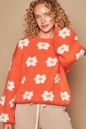 POL Daisy Pattern Drop Shoulder Sweater Sun Orange L