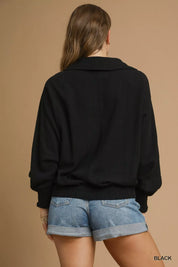 Umgee Linen Long Sleeves Elastic Hem Blouse | Daverri Fashions