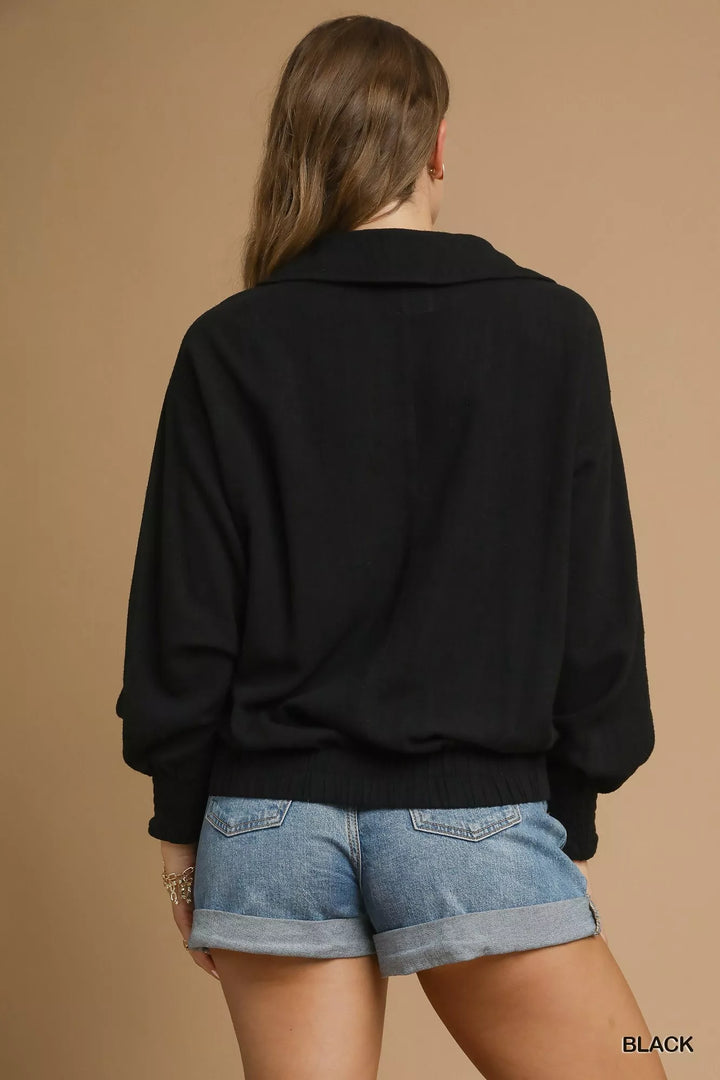 Umgee Linen Long Sleeves Elastic Hem Blouse | Daverri Fashions