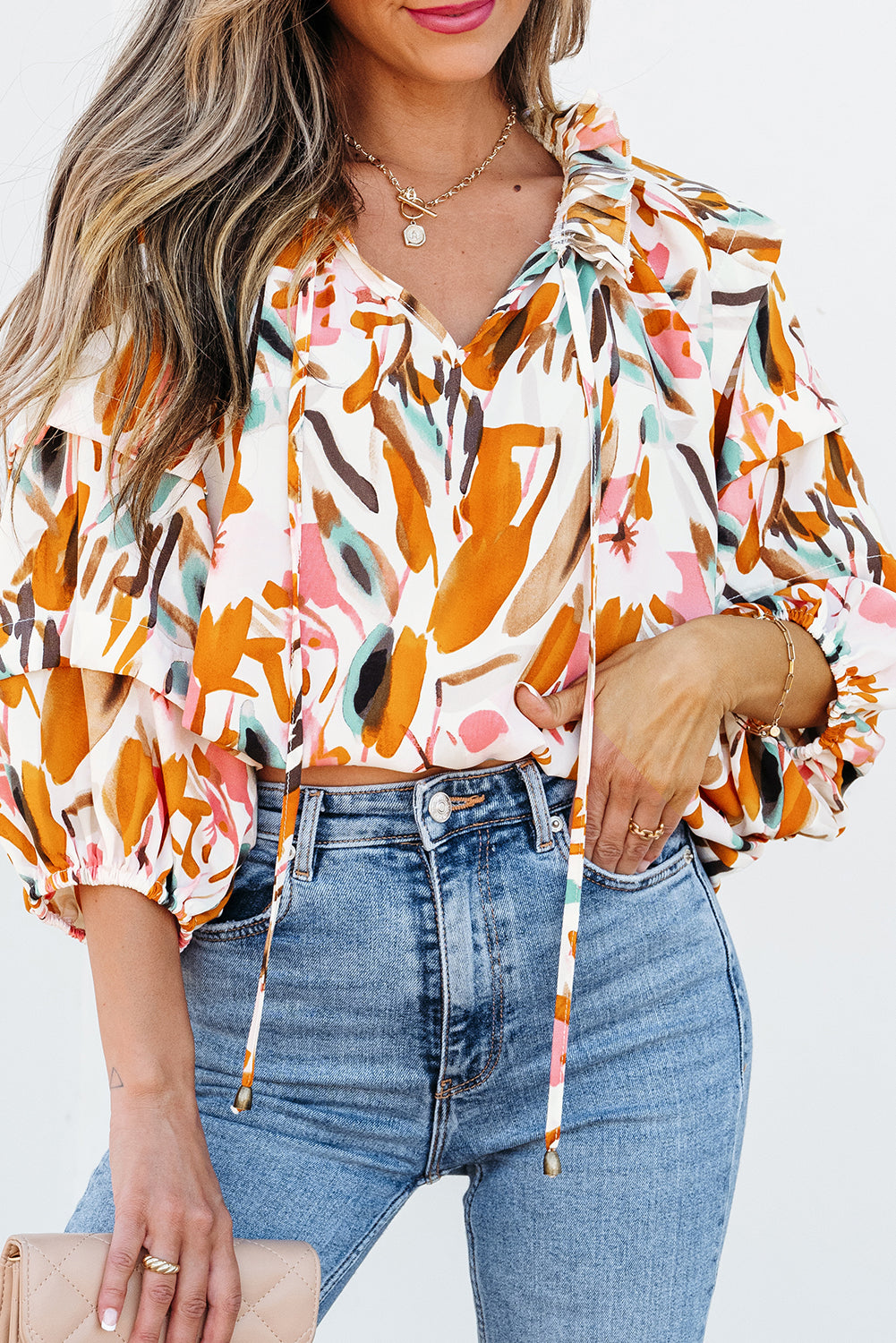 Vibrant yellow abstract print drawstring frilled V-neck blouse with 3/4 sleeves