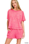 Zenana fuchsia tie-dye cotton t-shirt with front pocket relaxed fit