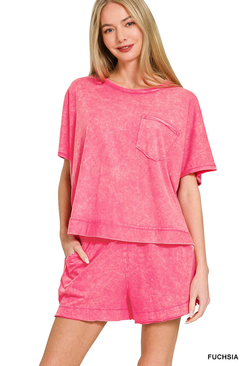 Zenana fuchsia tie-dye cotton t-shirt with front pocket relaxed fit