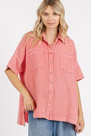 Mittoshop Mineral Wash Gauze Oversized Short Sleeve Shirt DEEP CORAL Shirts